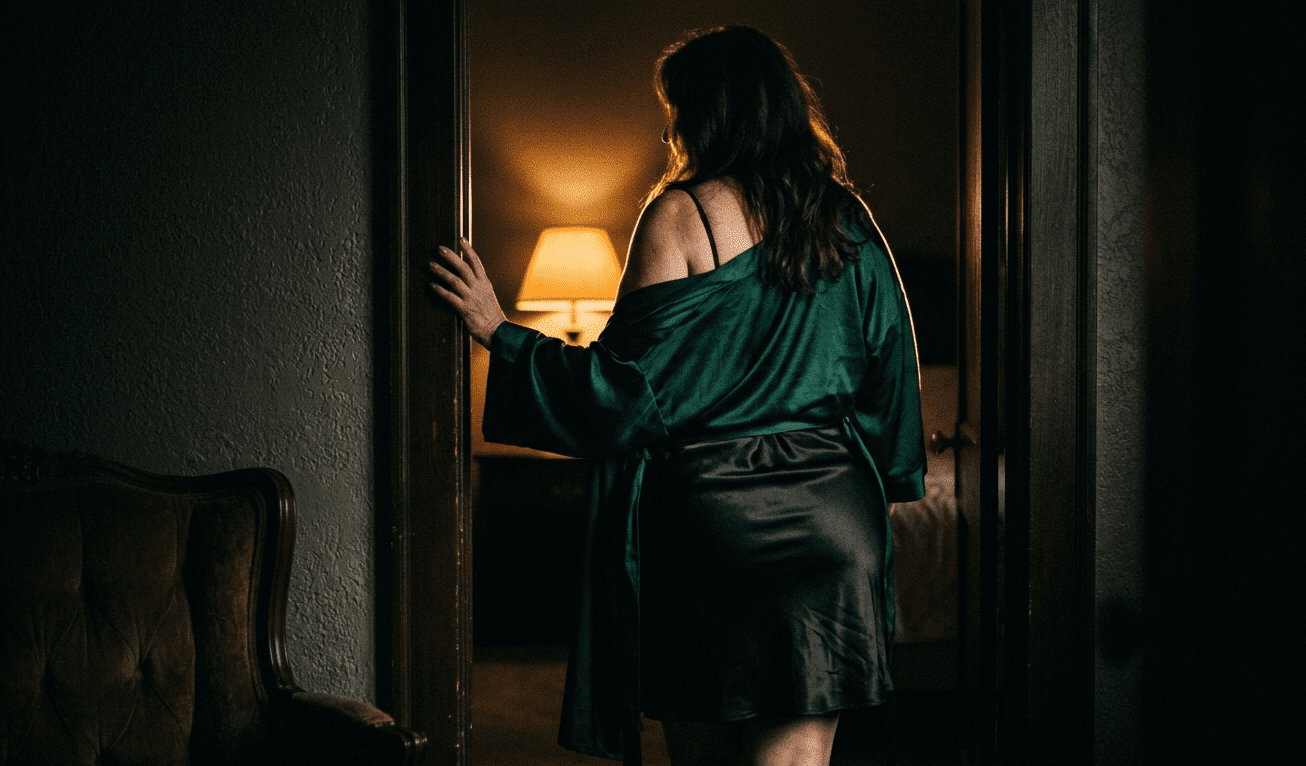 Voluptuous mature woman in an open silk robe in a doorway, the warm allure of BBW granny dating