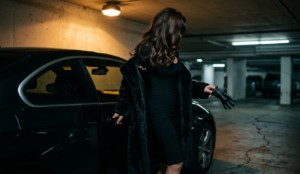 Glamorous cougar by a luxury car at night peeling off a glove, the bold confidence of cougar dating
