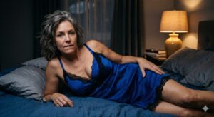 Confident cougar reclining on a velvet chaise at night, the sophisticated power of cougar dating