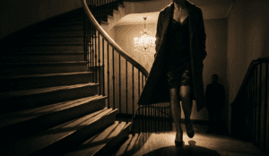 Older woman in fur and lace descending a dim staircase toward a younger man, do older women like younger men, face unseen