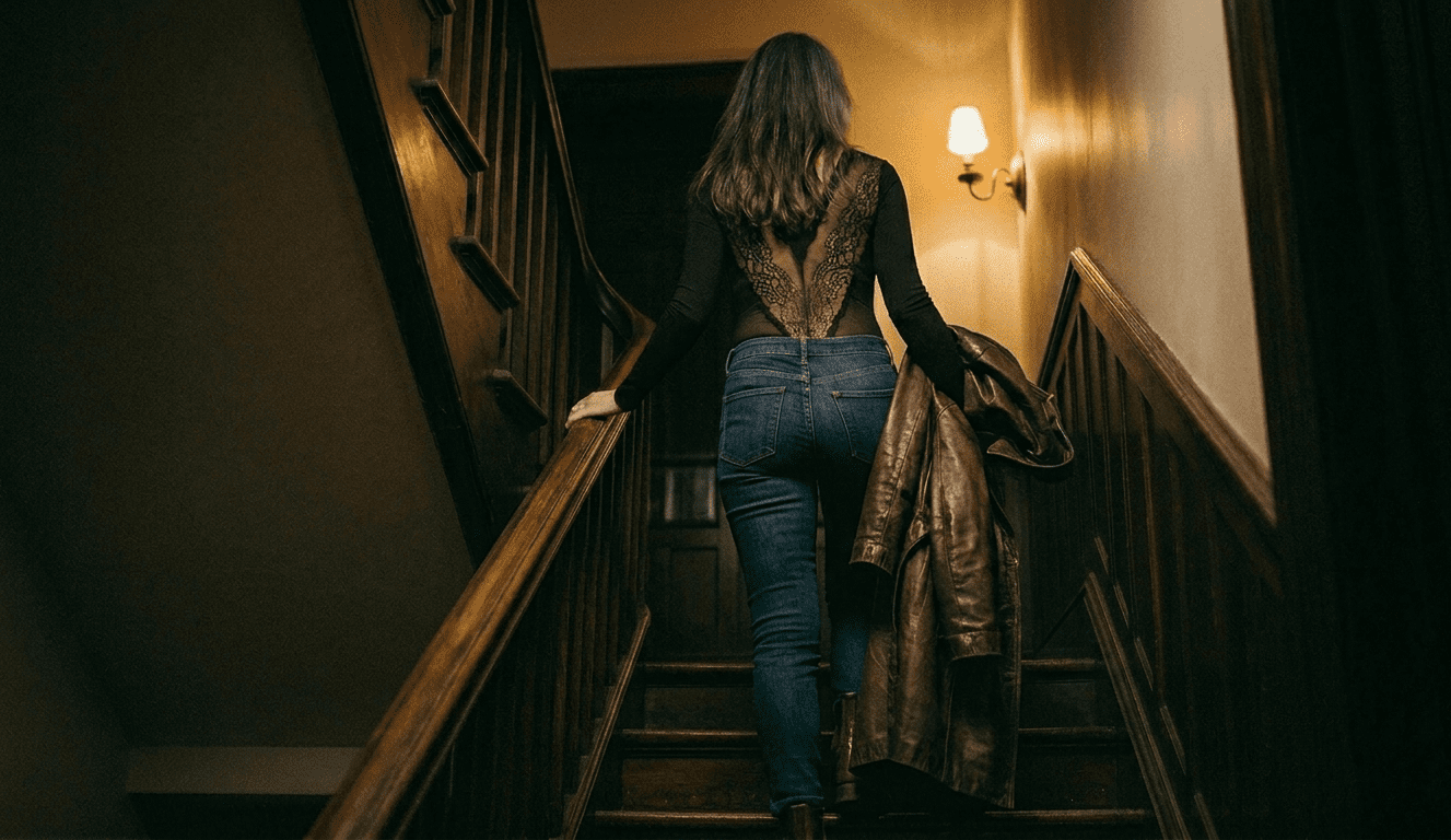 Alluring older woman ascending a staircase at night in a leather coat, the seductive draw of GILF dating