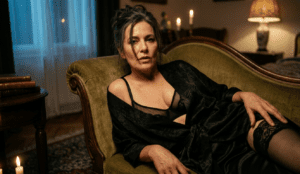 Glamorous mature woman in an open silk kimono and lace lingerie on a velvet chaise, smouldering gaze — cougar dating on SilverGranny