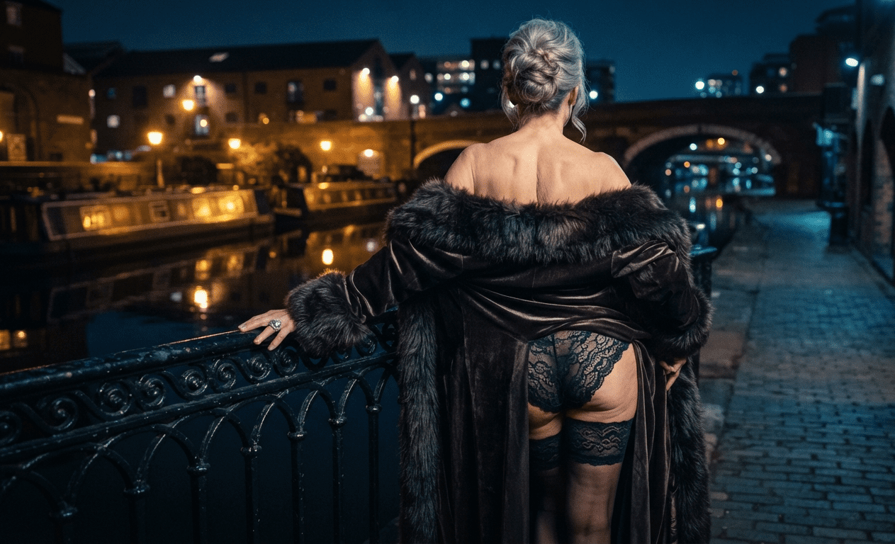 Glamorous mature woman on a Birmingham canal-side balcony at Gas Street Basin at night, seen from behind, granny dating