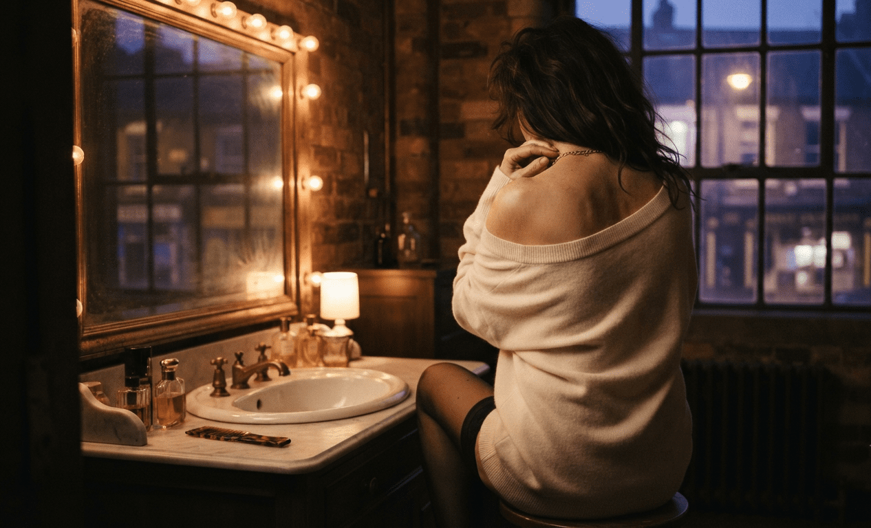 Sensual mature woman at a vanity in a Birmingham Jewellery Quarter loft at night, face hidden, granny dating