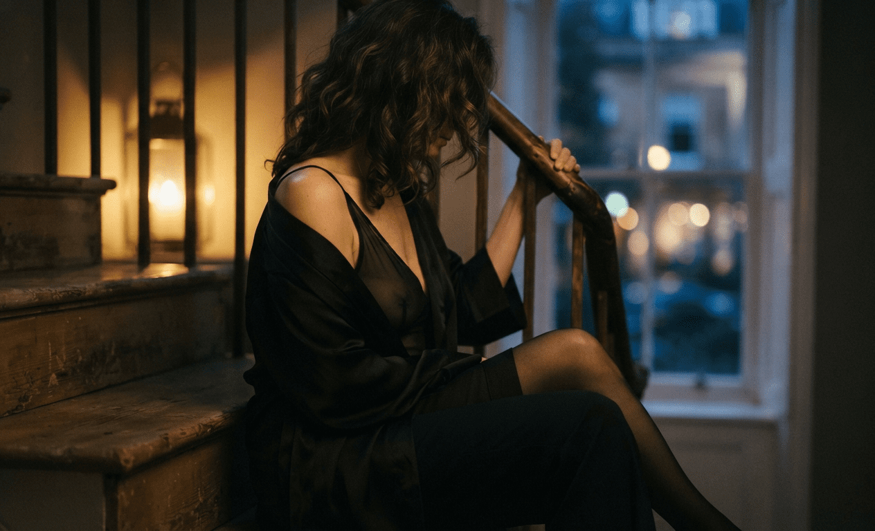 Sensual mature woman on a Georgian staircase in a Clifton Bristol townhouse at night, hidden face, granny dating