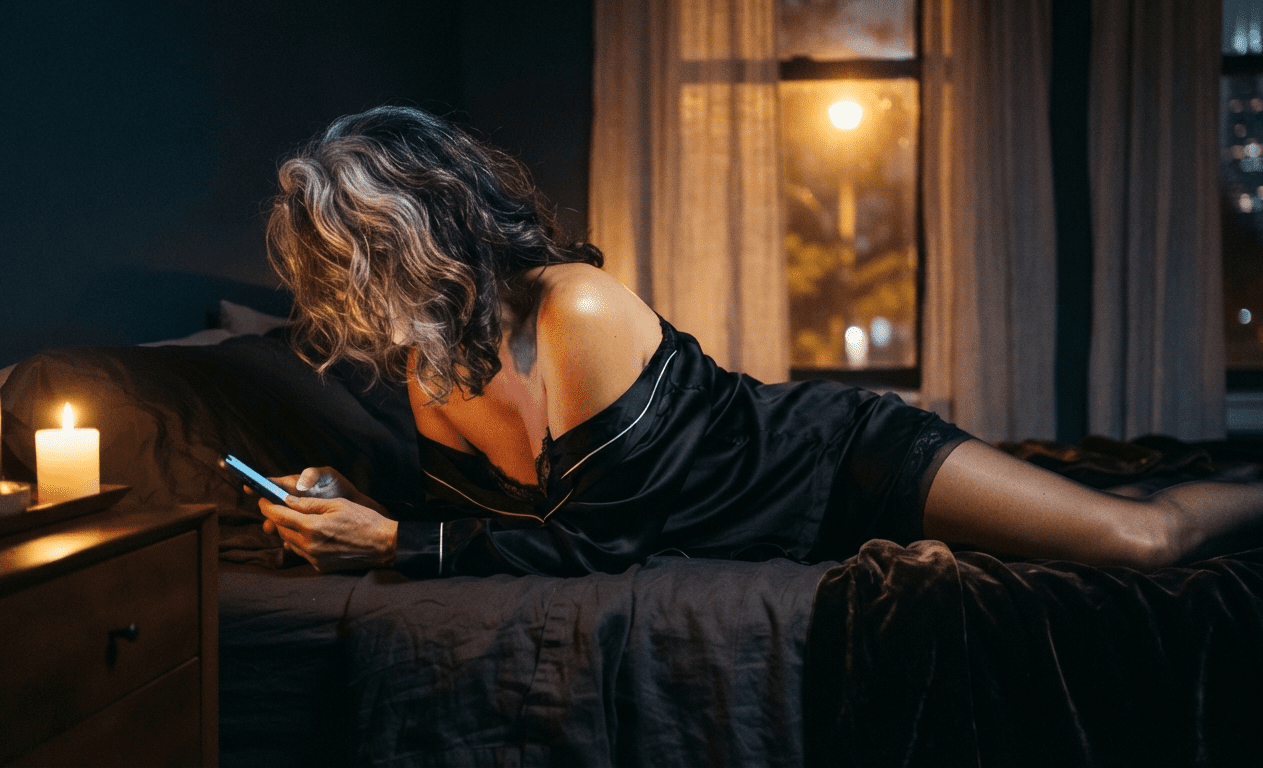 Sensual mature woman in a cosy Lincoln Park Chicago bedroom at night, turned away with hidden face, granny dating