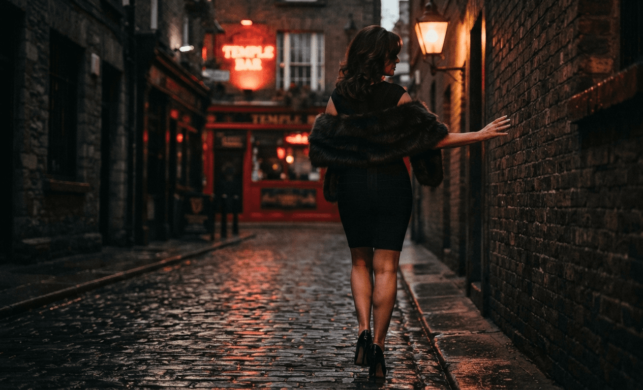 Stylish mature woman on a cobbled Dublin Temple Bar alley at night, turned away, granny dating