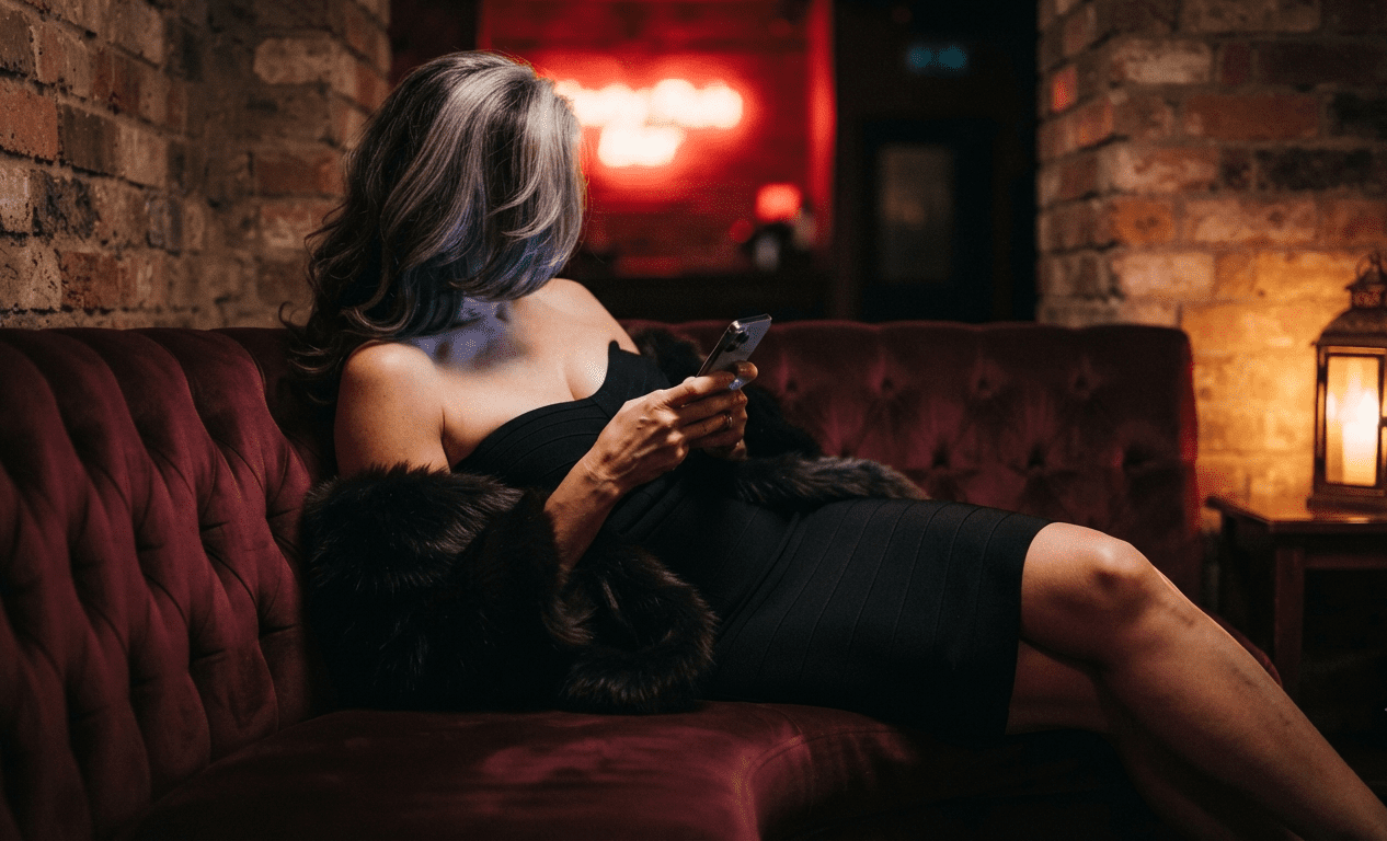 Stylish mature woman reclining in a Glasgow Merchant City lounge at night under red neon, granny dating