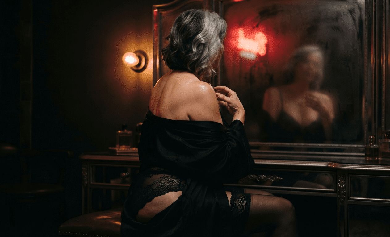 Glamorous mature woman at a Houston vanity mirror at night, robe off the shoulders, face unseen, granny dating