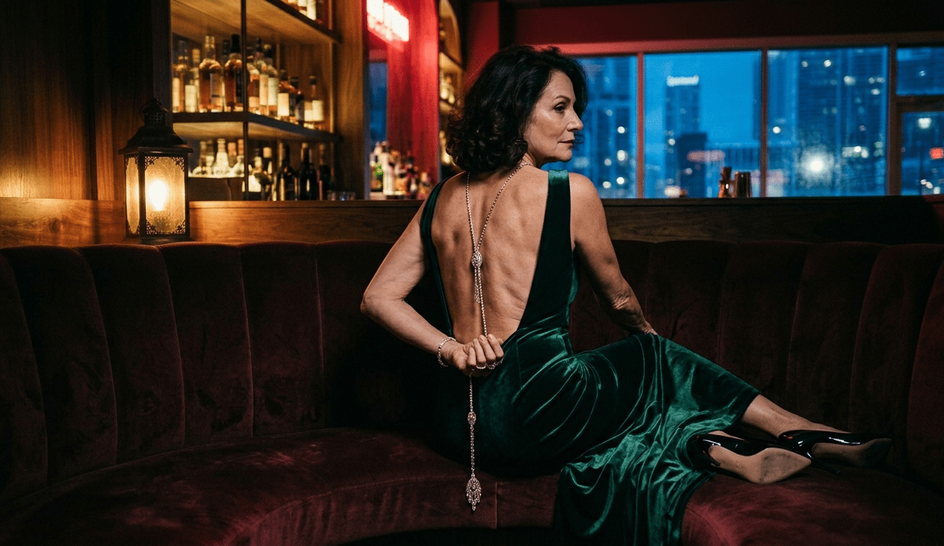 Mature woman in a backless gown overlooking the Miami skyline at night, evoking discreet granny dating in Miami