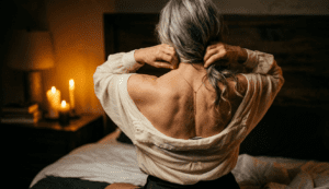 Mature woman kneeling on a bed unclasping a necklace by candlelight, the sensual world of granny sex dating