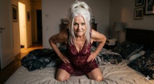 Sensual mature woman arched on silk sheets in candlelight, the charged intimacy of granny sex dating