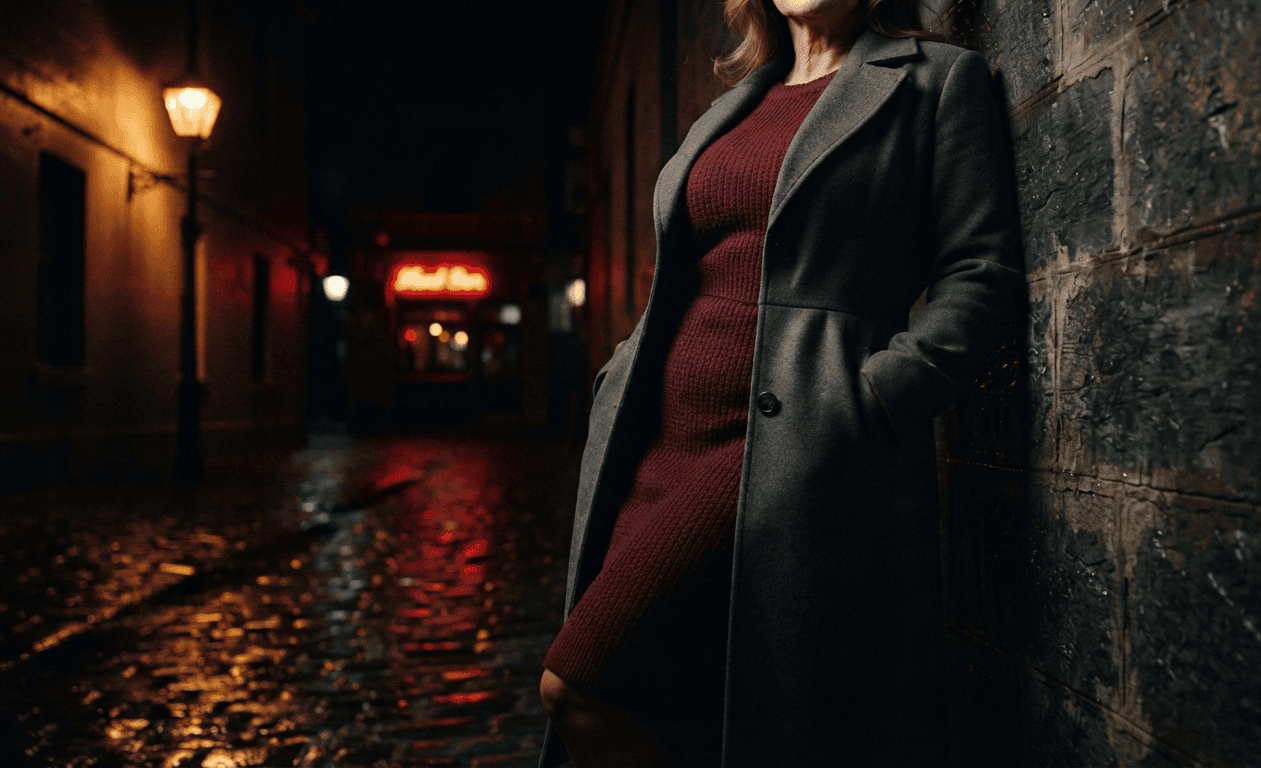 Curvy mature woman in a coat on an East End bluestone laneway at night, granny dating Adelaide