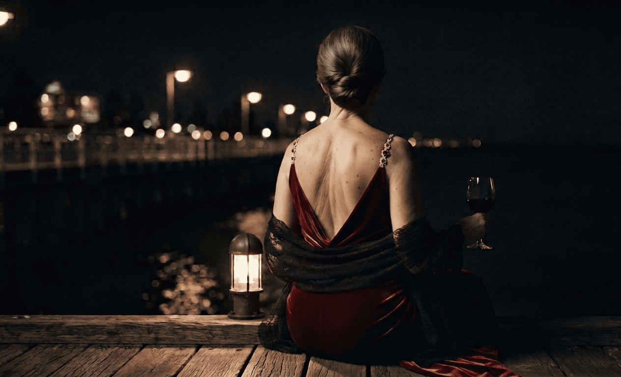 Mature woman with a shawl seated at the end of Glenelg jetty under night lamps, granny dating Adelaide