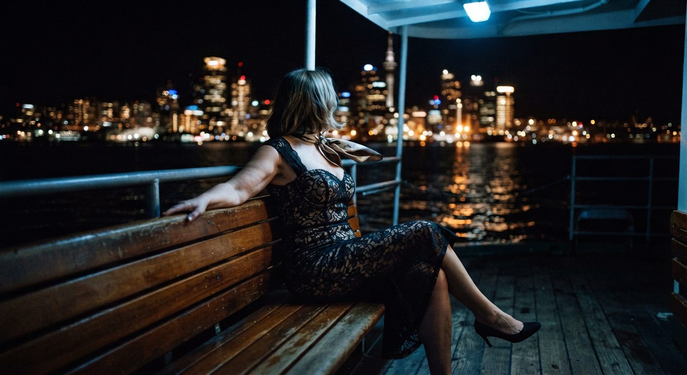 Mature woman seated on the Devonport ferry at night with the Auckland skyline behind, illustrating granny dating Auckland across the harbour
