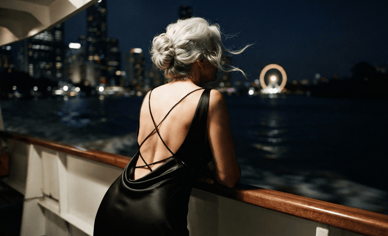 Mature woman at the rail of a CityCat ferry at night on the Brisbane River, granny dating Brisbane meetup idea