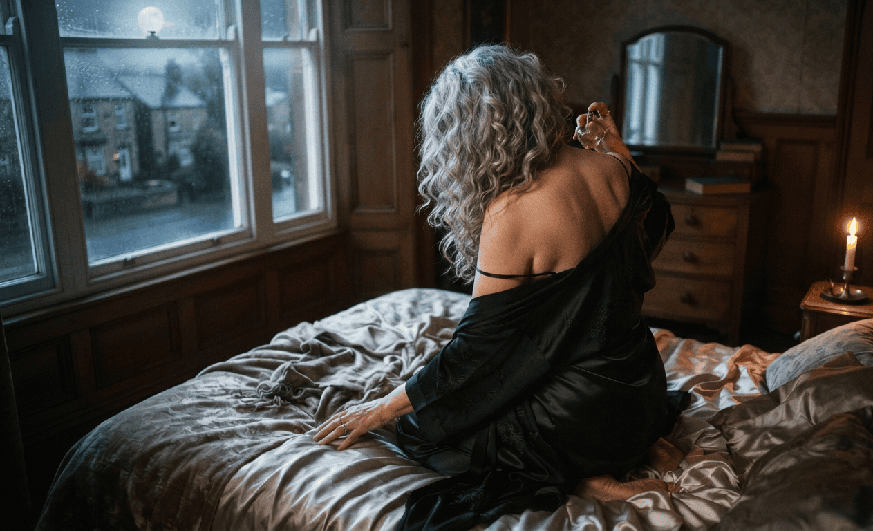 Alluring mature woman in silk robe by a Leeds bedroom window suggesting discreet granny dating in Leeds
