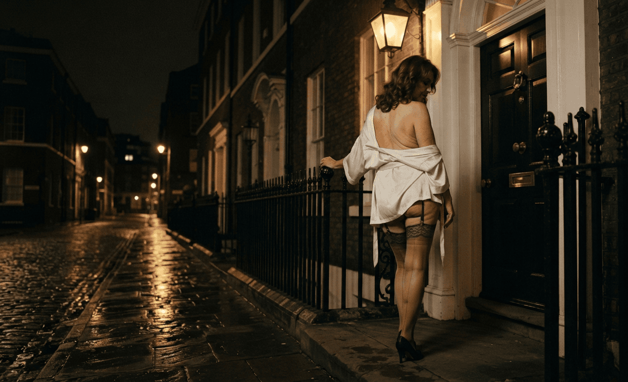 Elegant older woman in a Liverpool Georgian doorway at night capturing tasteful granny dating in Liverpool