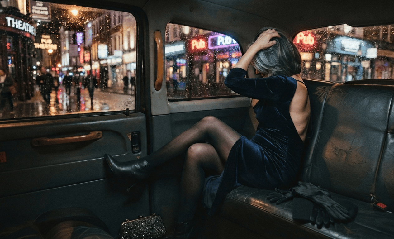 Sophisticated older woman in a velvet gown in a Soho London cab capturing refined granny dating in London