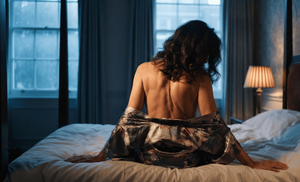 Alluring mature woman in a kimono in a Mayfair bedroom suggesting discreet granny dating in London