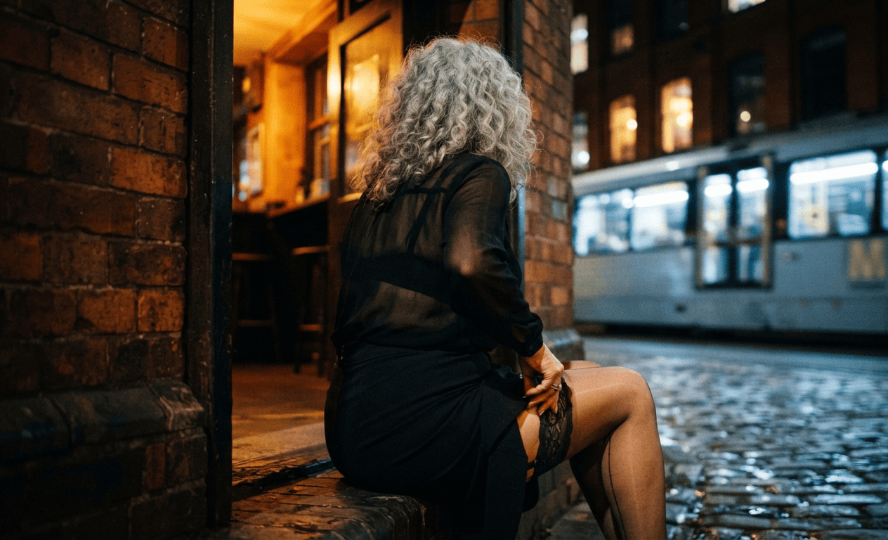 Elegant older woman in a Northern Quarter doorway at night capturing tasteful granny dating in Manchester