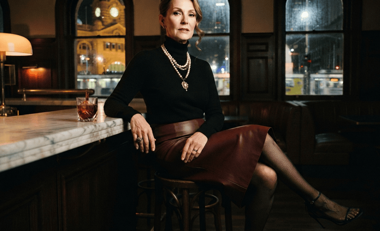 Curvy mature woman seated in a lounge overlooking Flinders Street Station at night, granny dating Melbourne