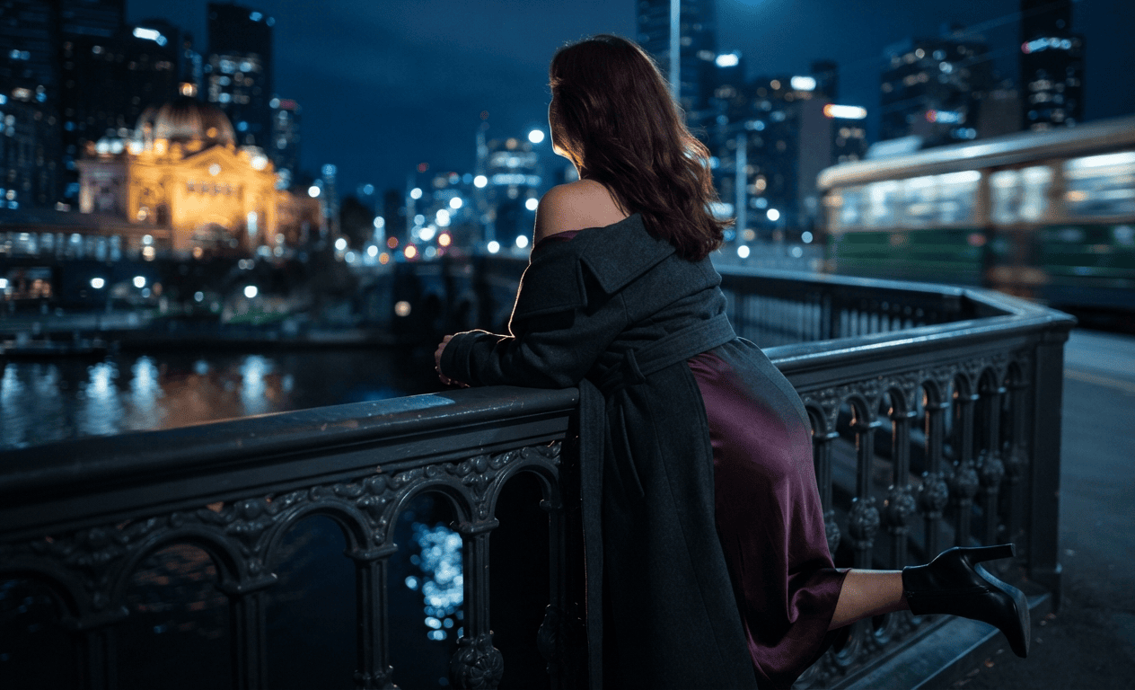 Mature woman in a trench coat on a Yarra River bridge at night with city lights, granny dating Melbourne