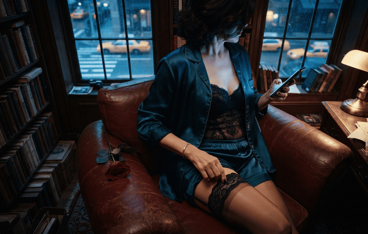 Mature woman relaxing in a warm-lit Village study above a cab-lit street, the intimate side of granny dating in New York