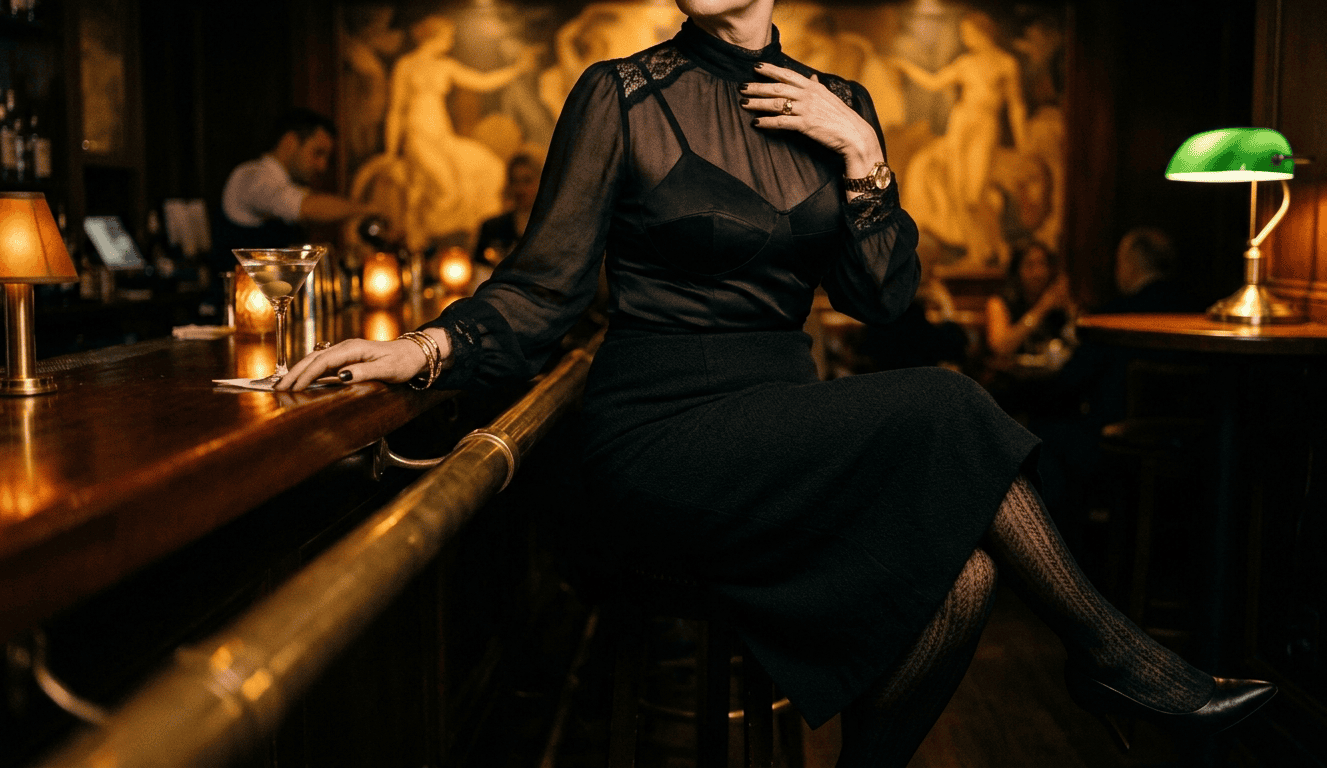 Mature woman poised at a golden-lit Midtown hotel bar, suggesting the elegant world of granny dating in New York