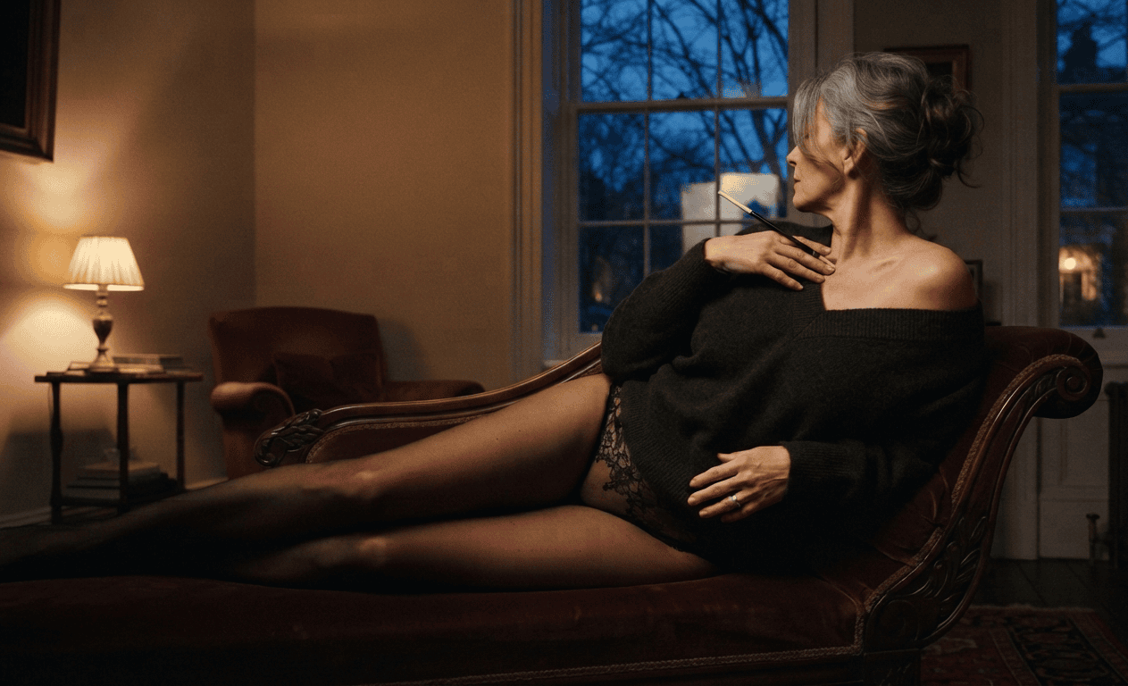 Mature woman on a chaise in a softly lit Jesmond boudoir, the intimate side of granny dating in Newcastle