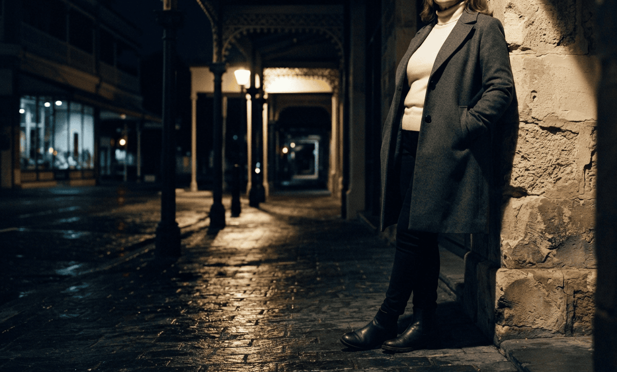 Mature woman in a wool coat on a heritage Fremantle street at night, granny dating Perth guide