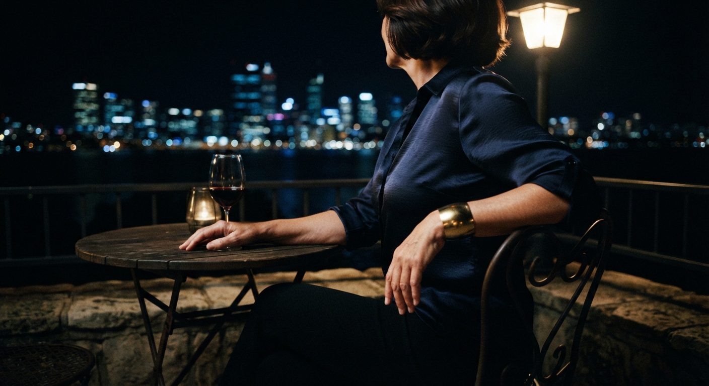 Confident mature woman on a Kings Park terrace overlooking the Perth skyline at night, granny dating Perth