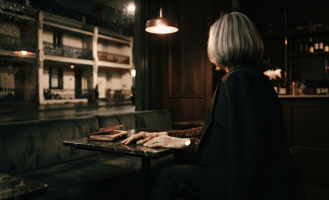 Sophisticated older woman seated in a dim Sydney wine bar at night, granny dating Sydney venue atmosphere