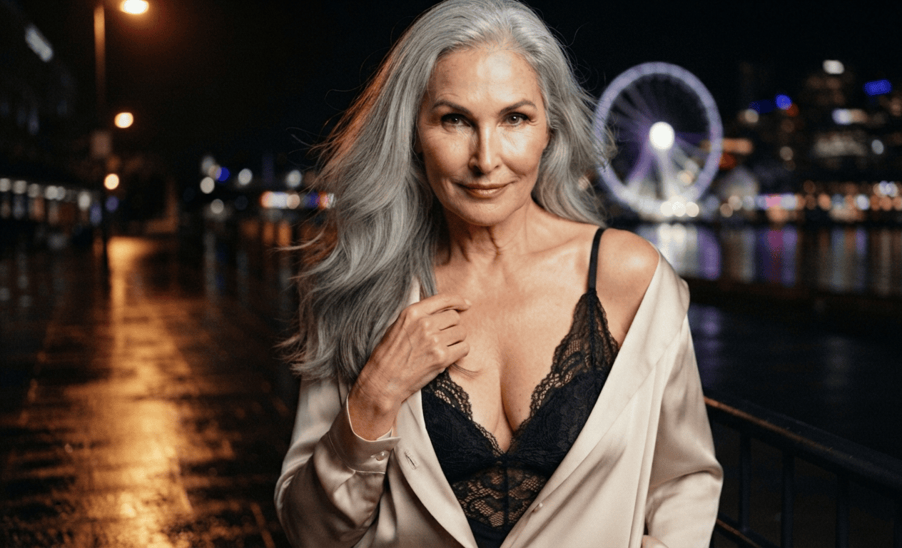 Mature woman walking a lamplit Sydney waterfront street at night, granny dating Sydney city guide image