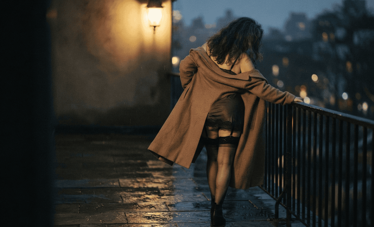 Elegant older woman in a wool coat over lace on a lantern-lit terrace, embodying tasteful OAP dating romance